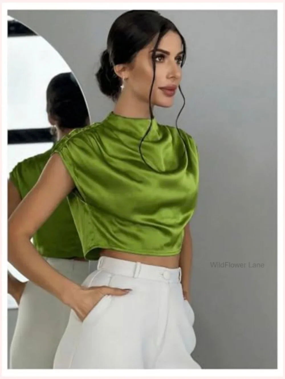 Satin Crop Top Mock Neck Blouse Ruched Cap Sleeve Dressy Work Shirt - Picture 6 of 7